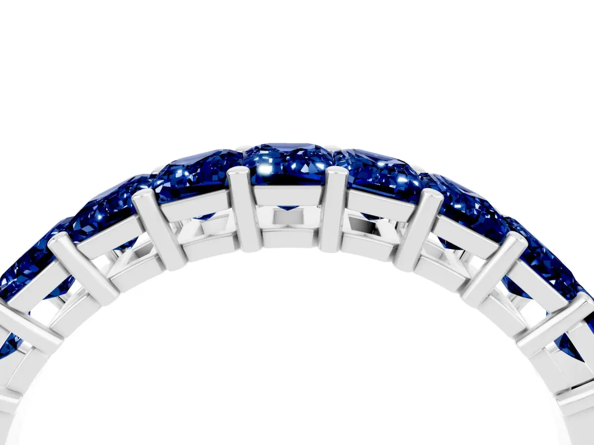 Emerald Cut Blue Sapphire Prong-Set Eternity Band Silver