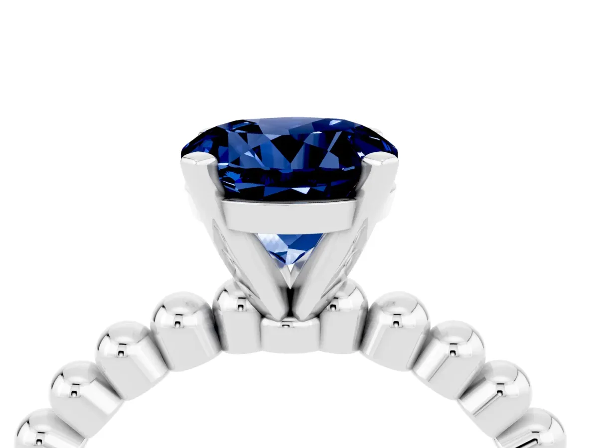 Round Cut Blue Sapphire Solitaire Ring with Beaded Band and Prong Setting Silver
