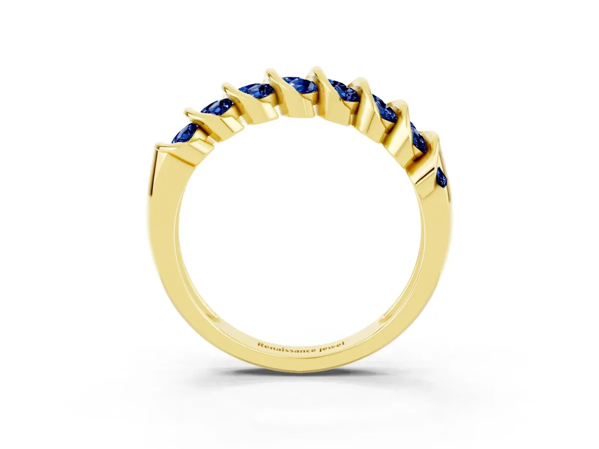 Channel Set Round Blue Sapphire Multi-Row Band Yellow gold