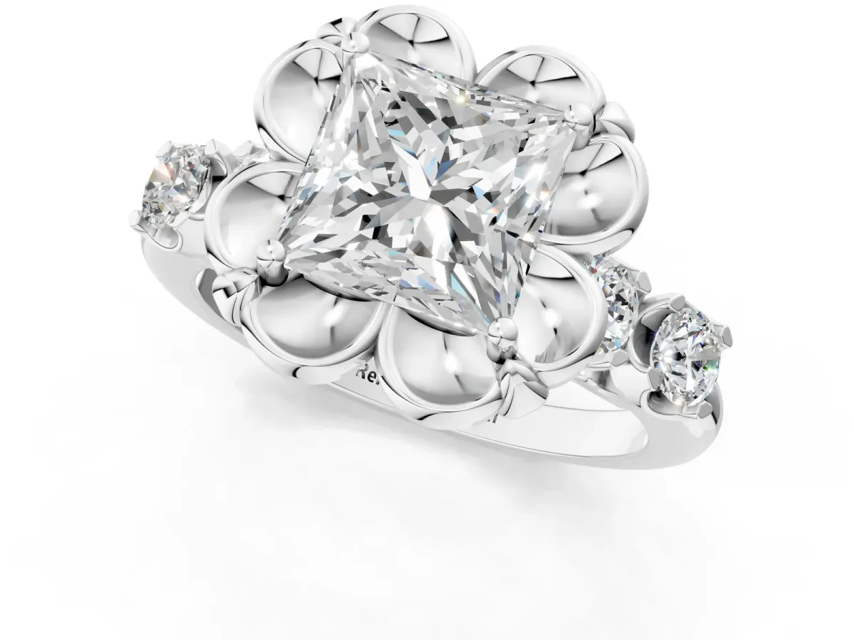 Princess Cut Cut Diamond Floral Halo Engagement Ring with Shared Prong Setting Silver