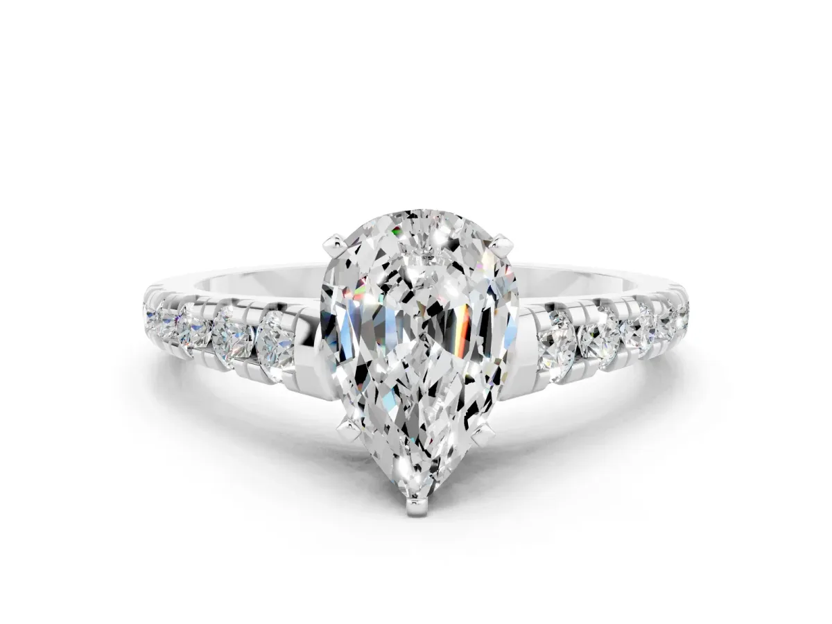 Pear Cut Moissanite Cathedral Solitaire Ring with Round Pavé Band Platinum