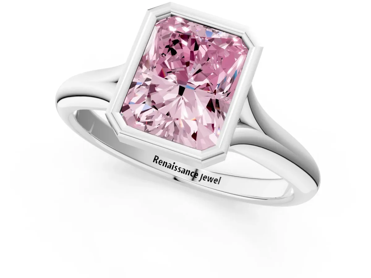 Fancy Pink Bezel Set Radiant Cut Solitaire Diamond Ring with Smooth Band Platinum