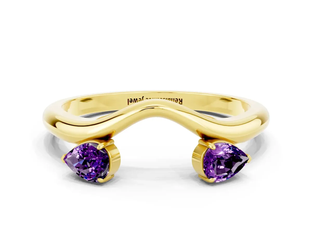 Pear Cut Amethyst Two-Stone Open Band Ring with Prong Setting Yellow gold