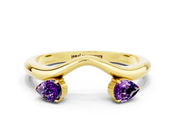 Pear Cut Amethyst Two-Stone Open Band Ring with Prong Setting Yellow gold