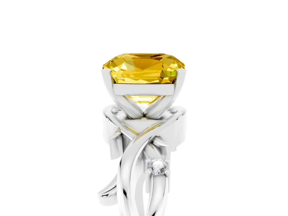 Cushion Cut Yellow Sapphire Solitaire Ring with Twisted Band and Prong Setting Silver