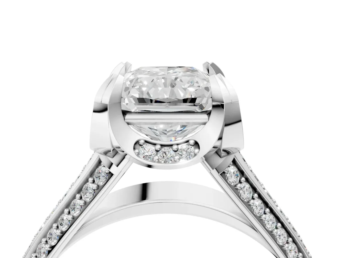 Radiant Cut Solitaire Pave Split Shank Ring with Four-Prong Setting Platinum