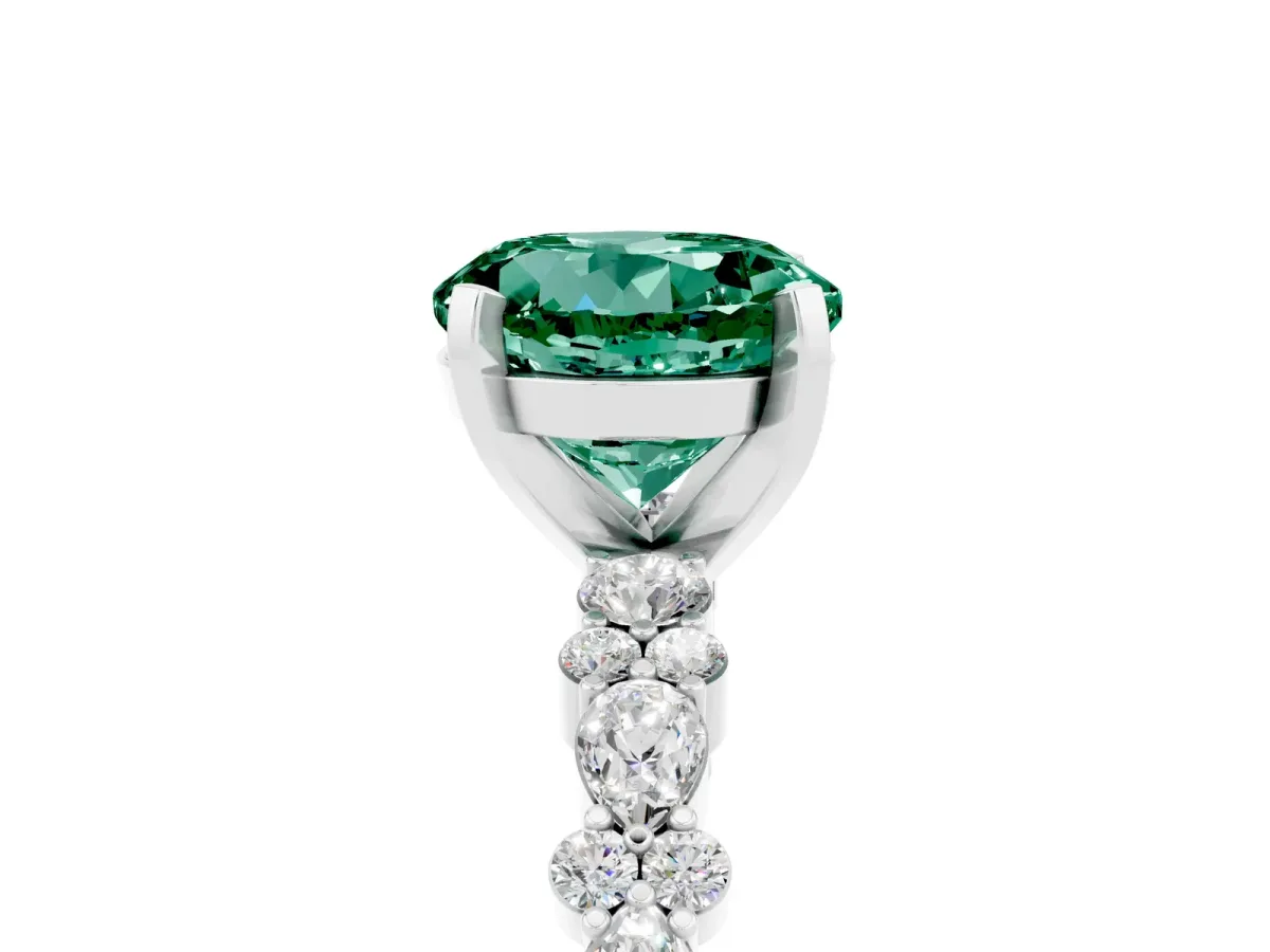 Round Cut Green Sapphire Side Stone Solitaire Ring with Round and Four-Prong Setting Silver