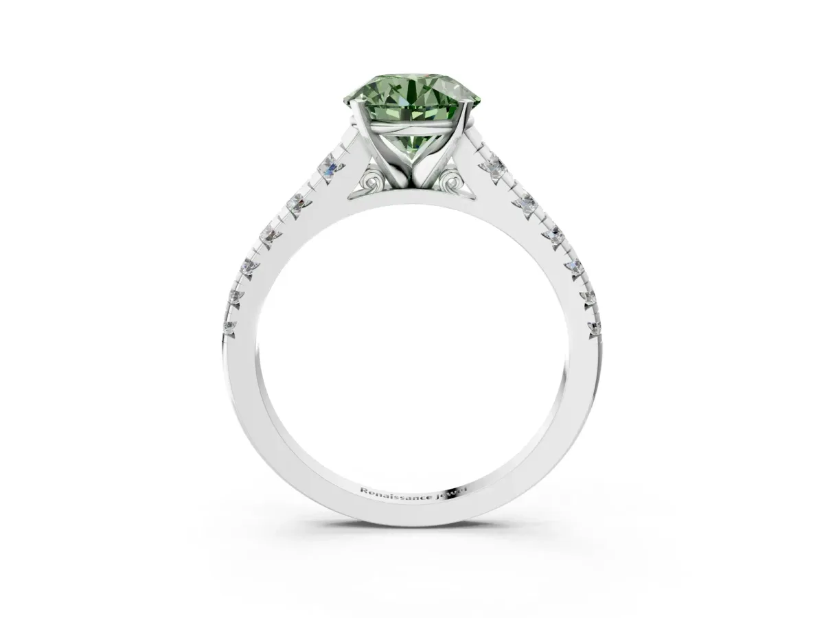 Fancy Green Round Cut Diamond Cathedral Solitaire Ring with Round Pavé Band Platinum