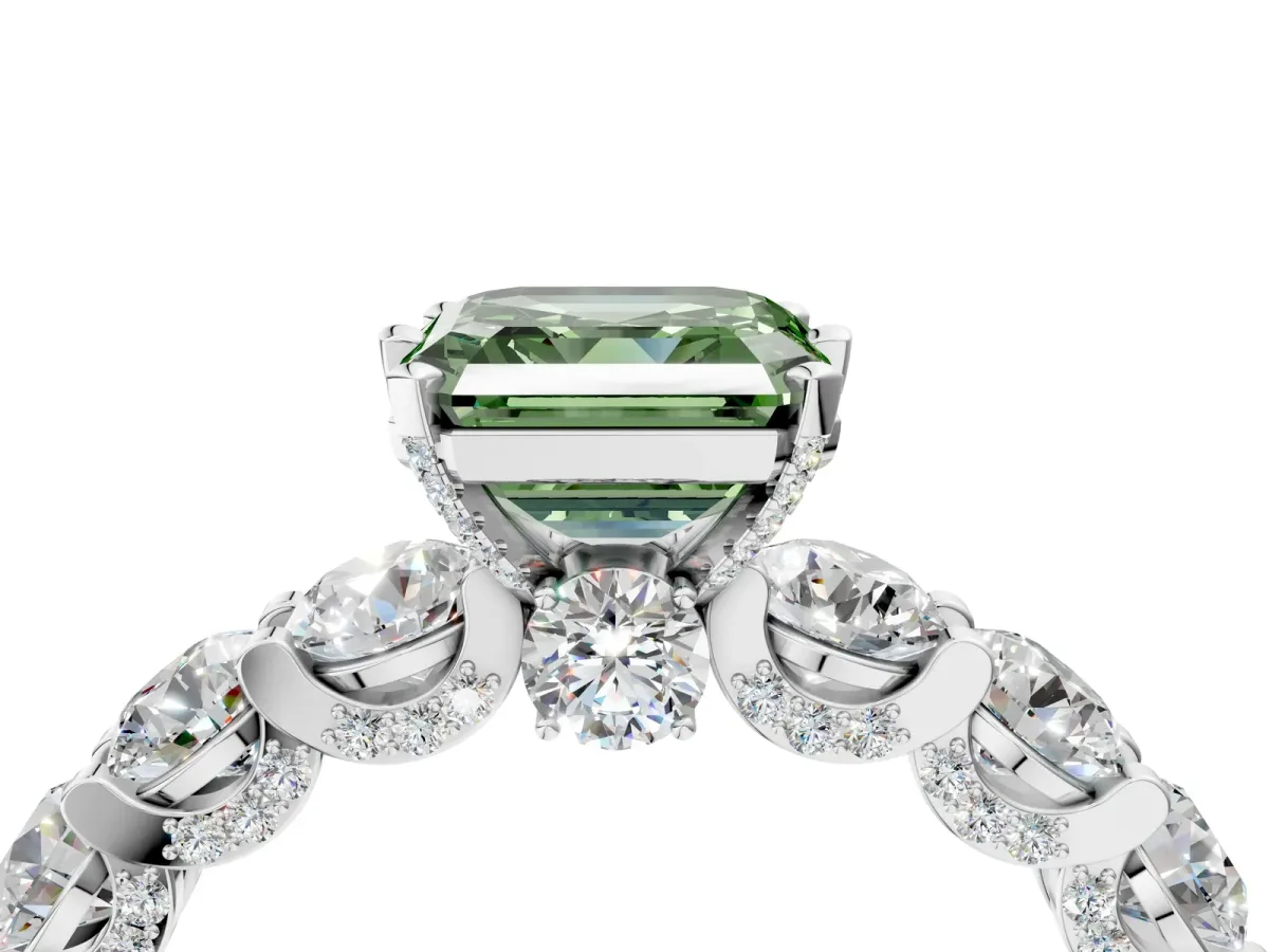 Fancy Green Asscher Cut Diamond Side Stone Engagement Ring with Four-Prong Setting White gold