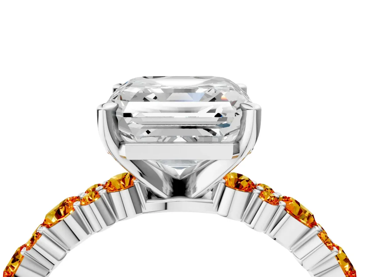 Asscher Cut Diamond Side Stone Solitaire Ring with Round Citrine and Four-Prong Setting Platinum