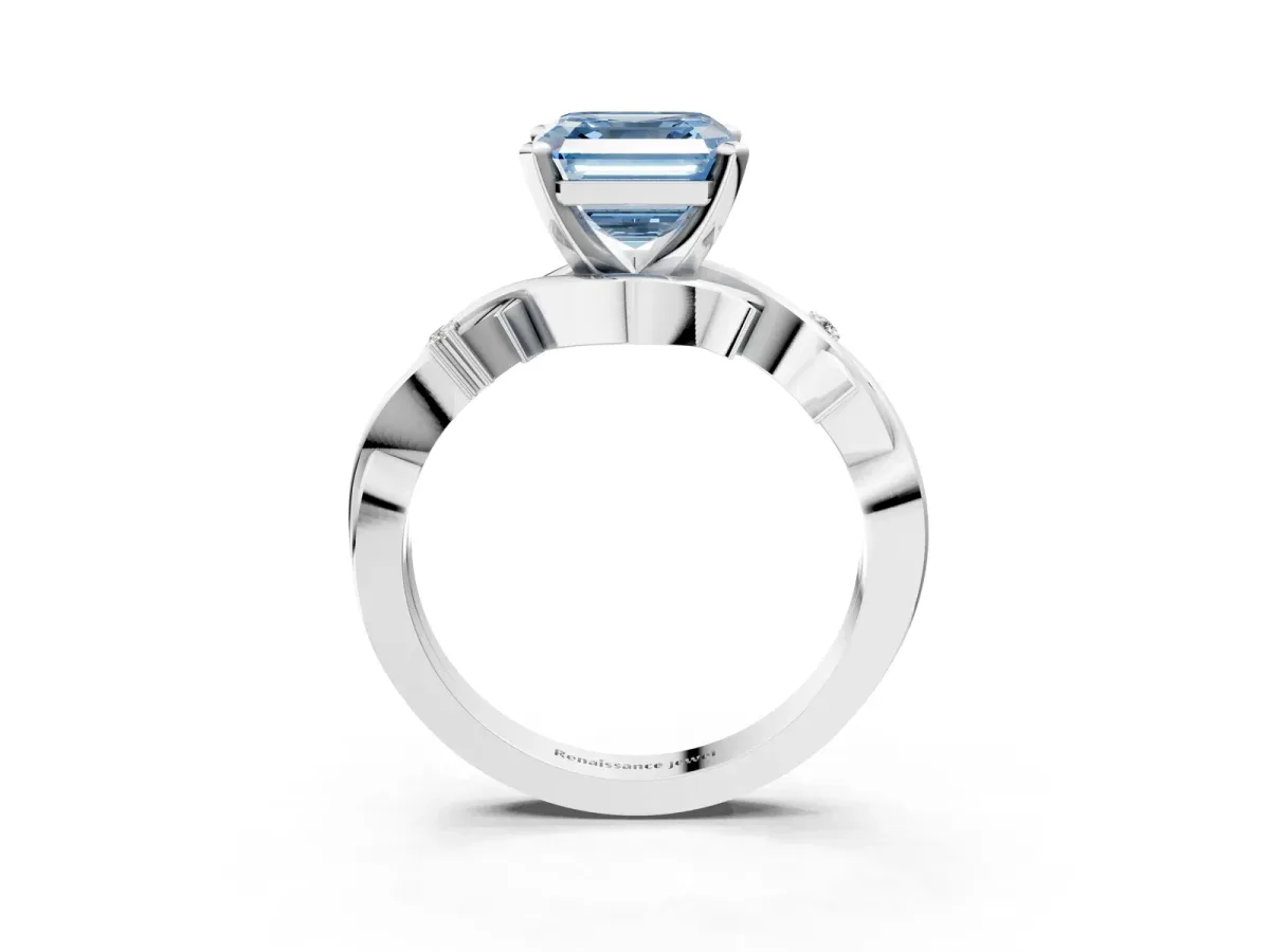 Fancy Blue Asscher Cut Diamond Solitaire Ring with Twisted Band and Prong Setting Silver
