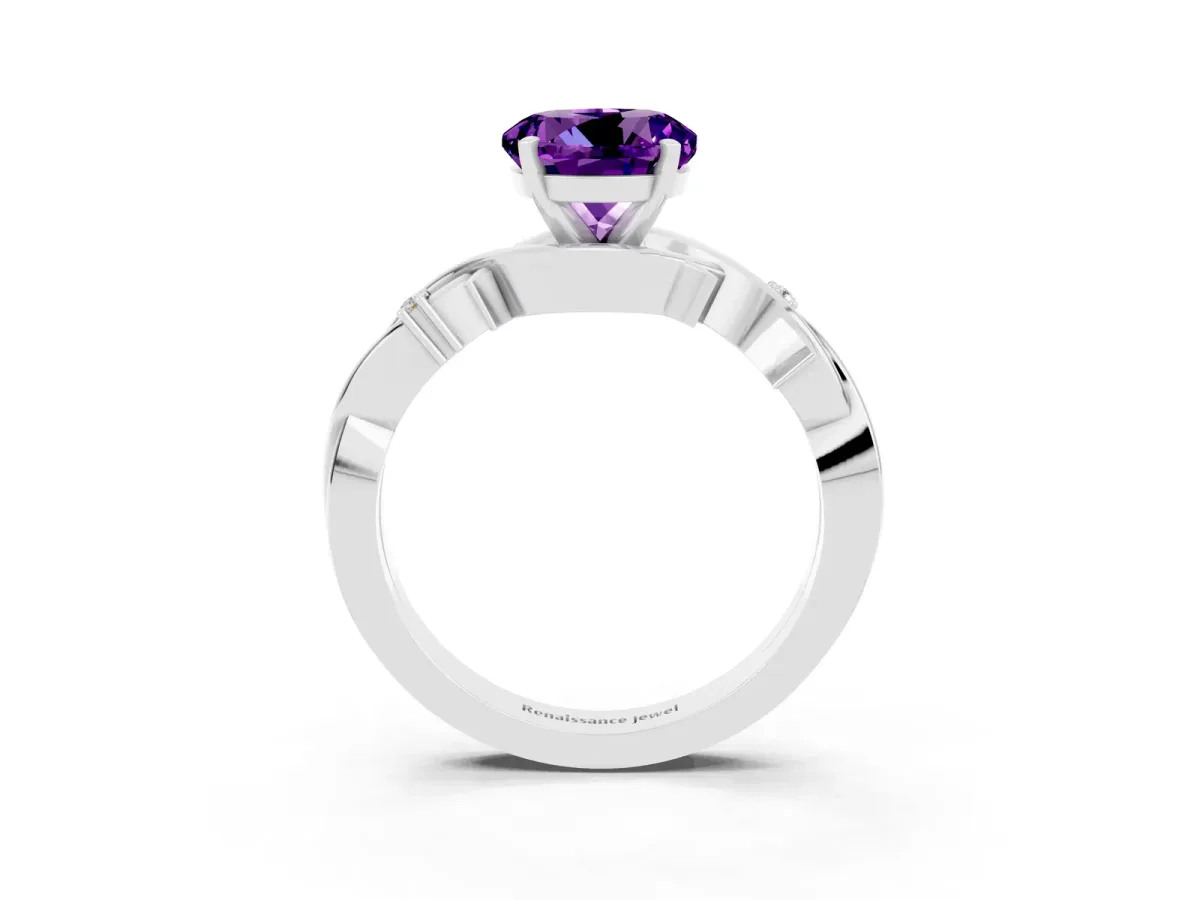 Round Cut Amethyst Solitaire Ring with Twisted Band and Prong Setting Platinum