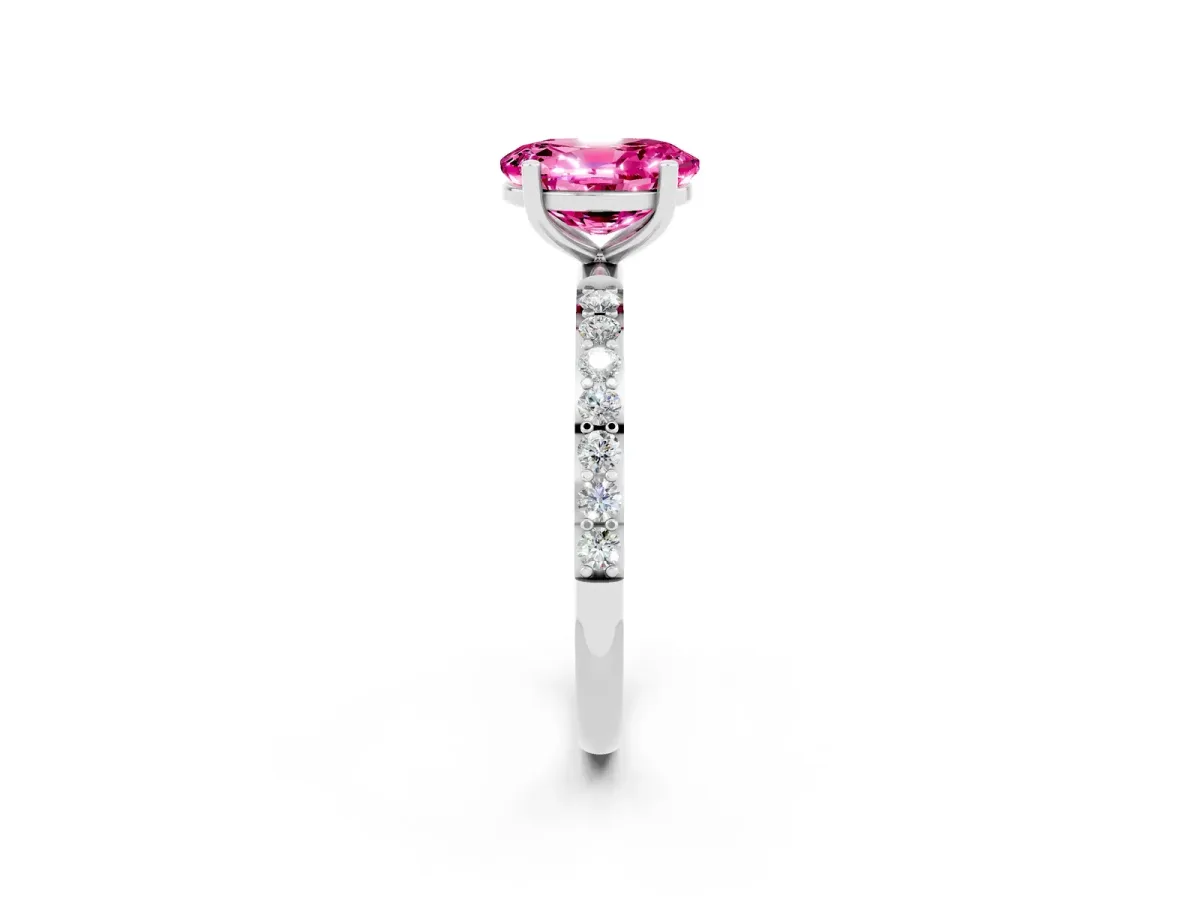 Oval Cut Pink Sapphire Solitaire Ring with Round Pavé Band and Prong Setting Silver