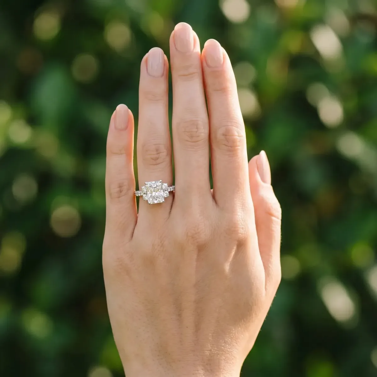 Radiant Cut Diamond Three-Stone Pave Band with Four-Prong Setting Platinum