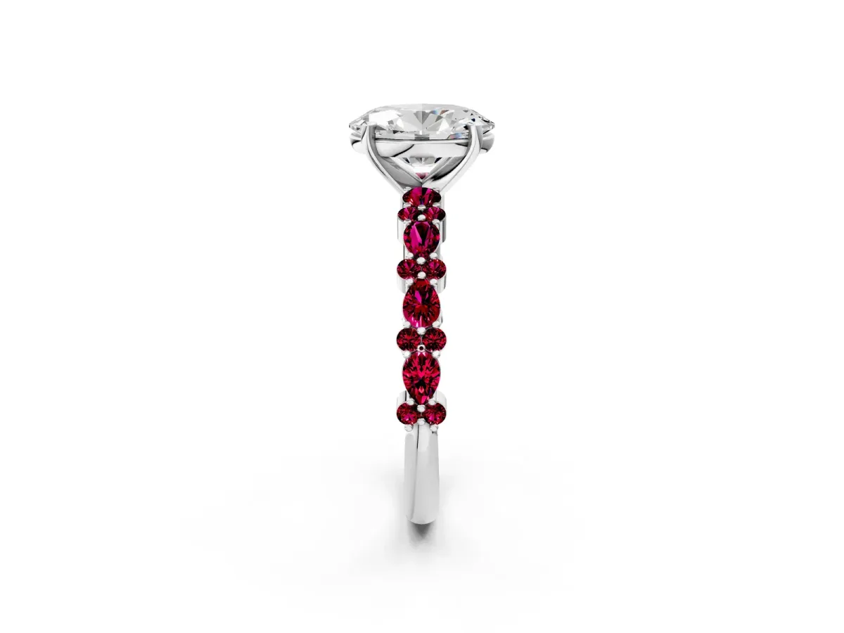Oval Cut Diamond Side Stone Solitaire Ring with Round Garnet and Four-Prong Setting Silver