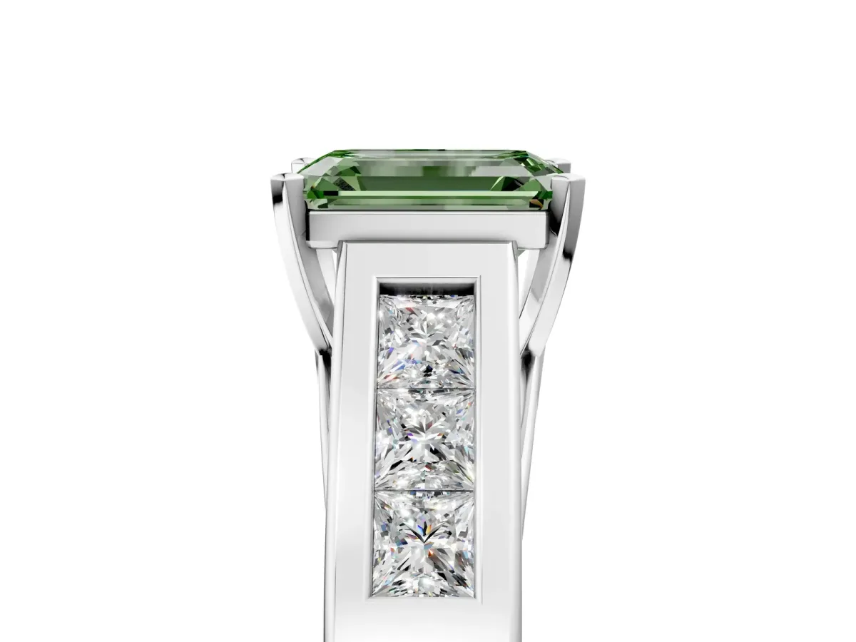 Fancy Green Emerald Cut Cut Channel Set Solitaire Ring with Four-Prong Setting Silver