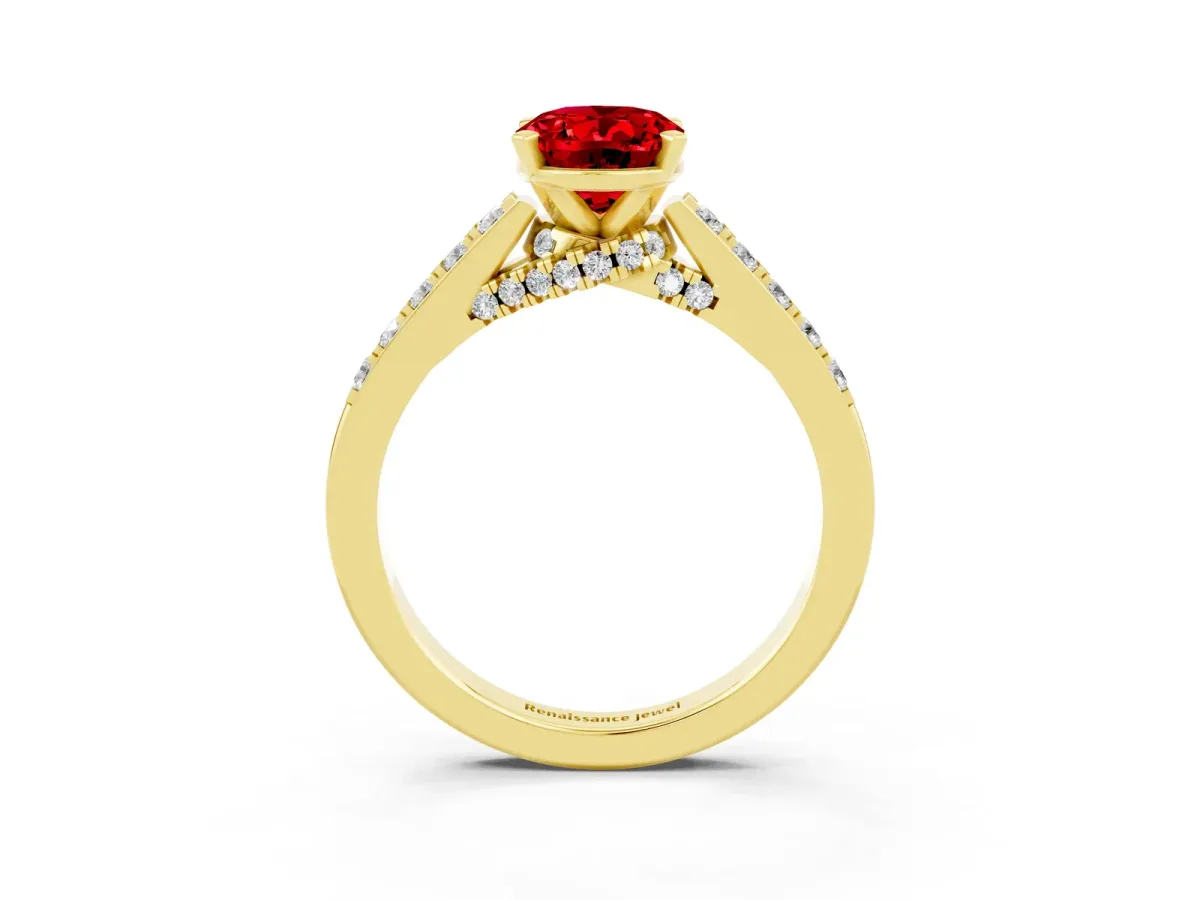 Oval Cut Ruby Solitaire Ring with Crossover Gallery and Round Pavé Band Yellow gold