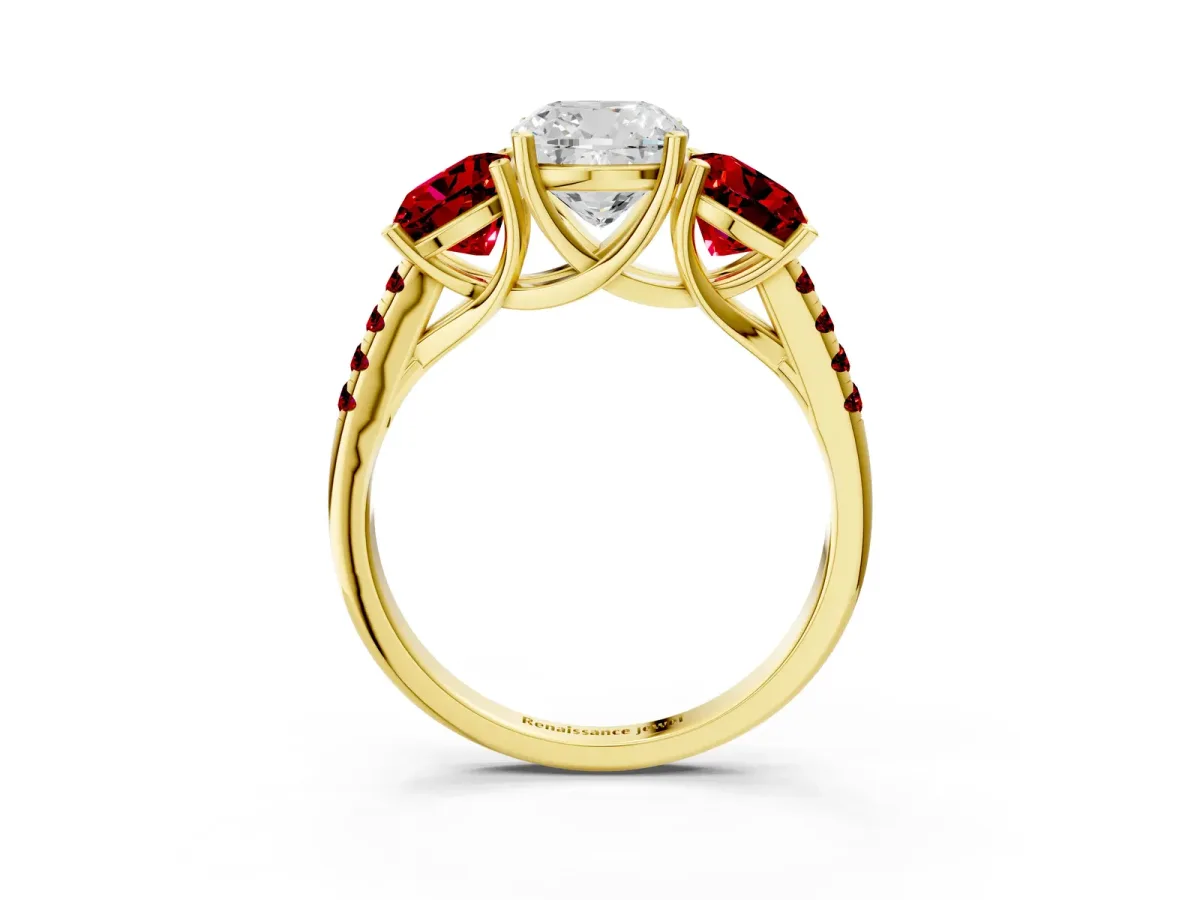 Three-Stone Cushion Cut Diamond Ring with Round Ruby Pavé Band and Prong Setting Yellow gold