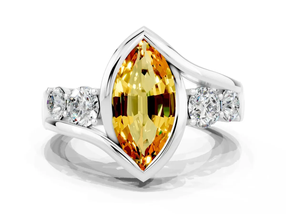 Bezel Set Marquise Cut Citrine Bypass Ring with Round Accents Silver