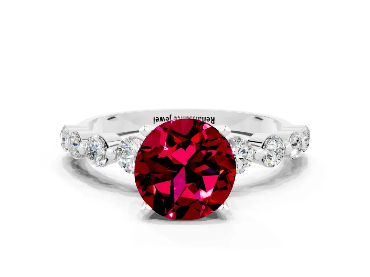 Round Cut Solitaire Garnet Ring with Pave Band and Four-Prong Setting Silver