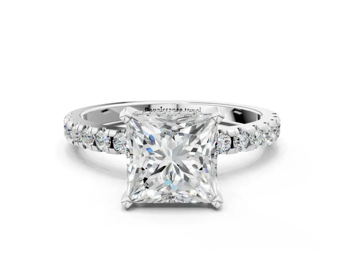Princess Cut Diamond Solitaire Ring with Round Pavé Band and Four-Prong Setting Silver