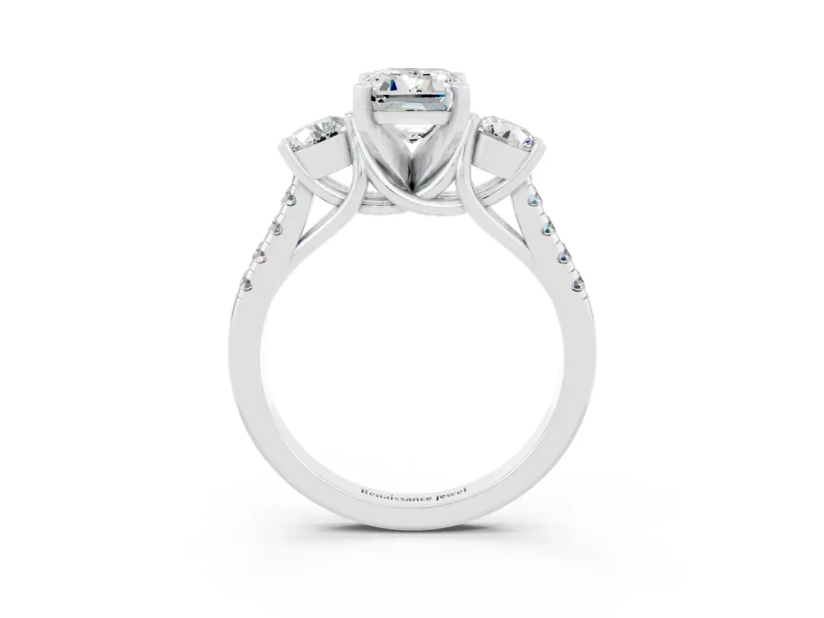 Three-Stone Emerald Cut Moissanite Pavé Band with Four-Prong Setting Silver