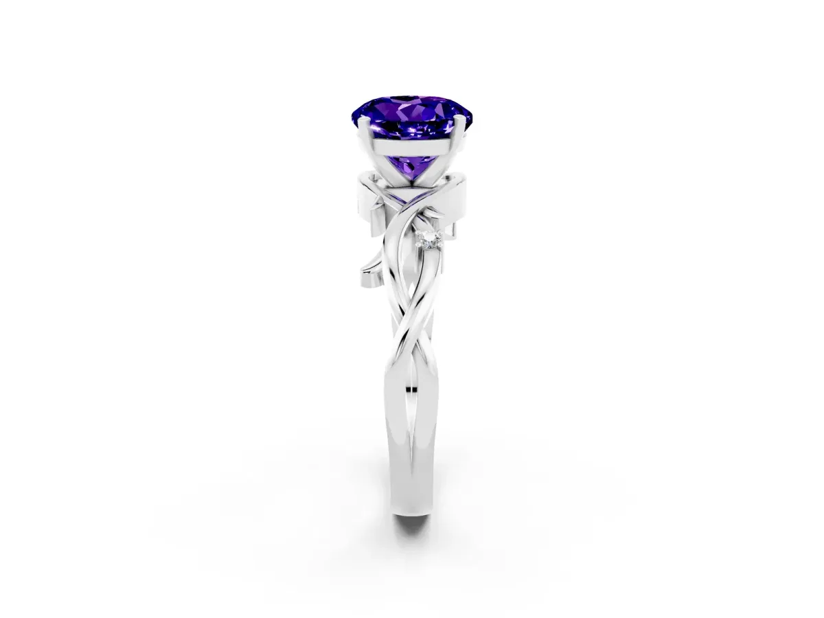 Round Cut Tanzanite Solitaire Ring with Twisted Band and Prong Setting Silver