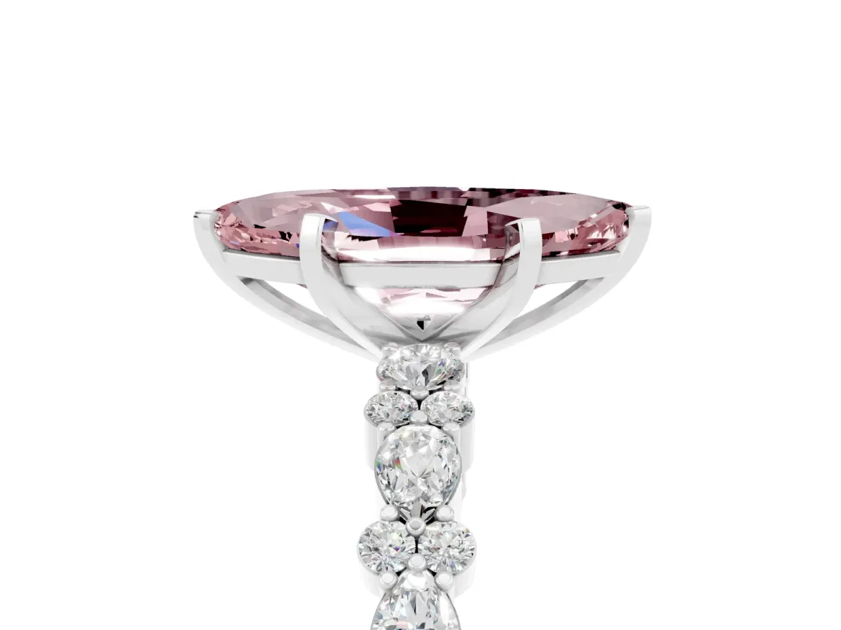 Marquise Cut Morganite Side Stone Solitaire Ring with Round and Four-Prong Setting Silver