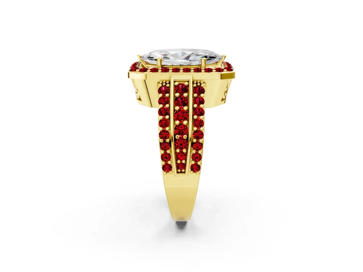 Marquise Cut Halo Diamond Ring with Round Ruby Split Shank and Prong Setting Yellow gold