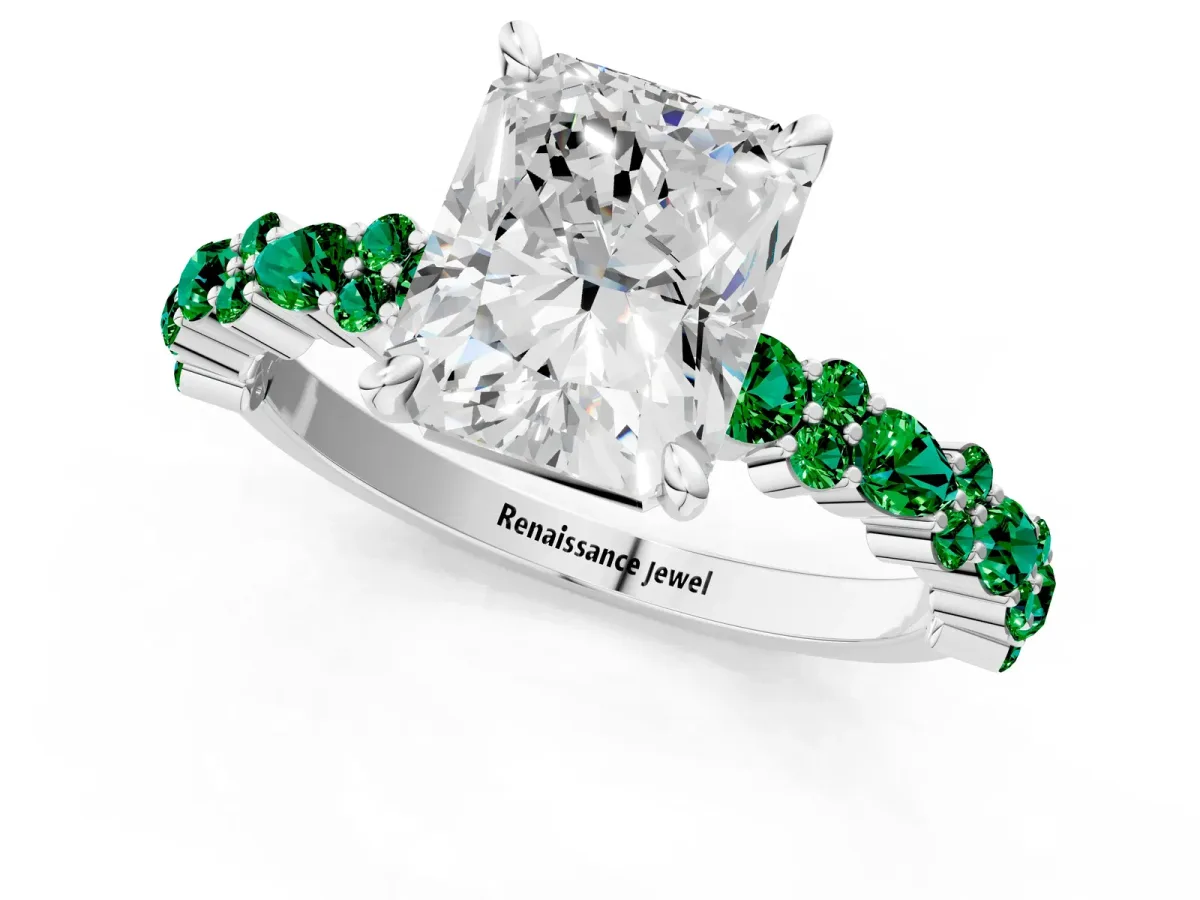 Radiant Cut Diamond Side Stone Solitaire Ring with Round Emerald and Four-Prong Setting Platinum
