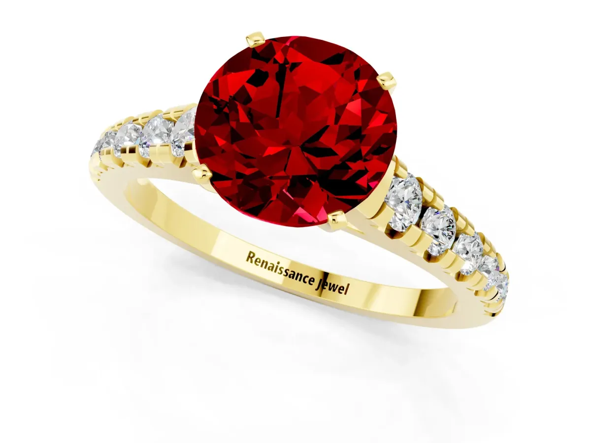 Round Cut Ruby Cathedral Solitaire Ring with Round Pavé Band Yellow gold