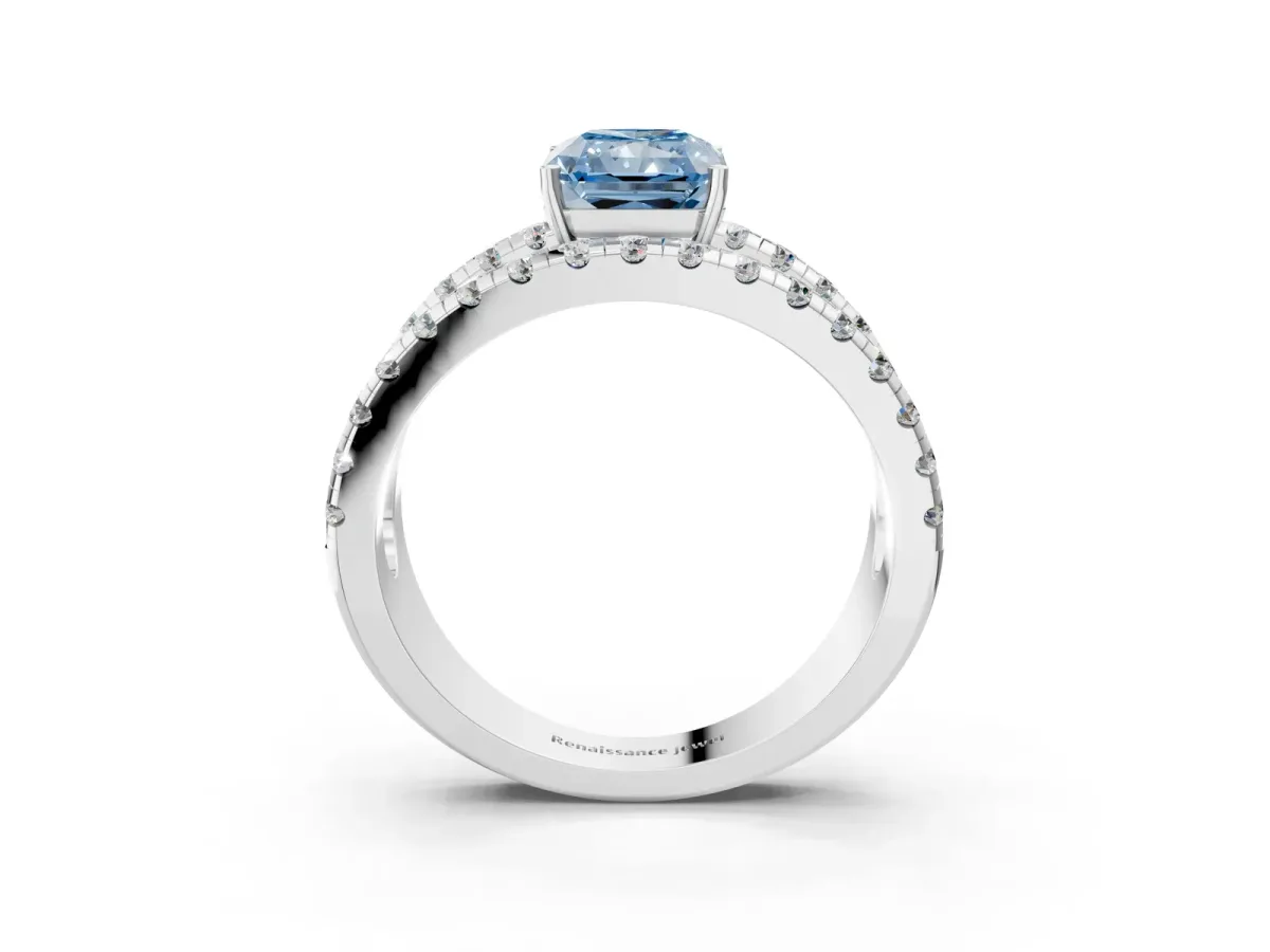 Fancy Blue Radiant Cut Solitaire Split Shank Pave Diamond Ring Platinum