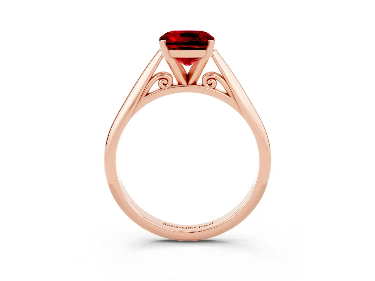 Cushion Cut Ruby Solitaire Engagement Ring with Cathedral Setting and Four-Prong Mount Rose gold