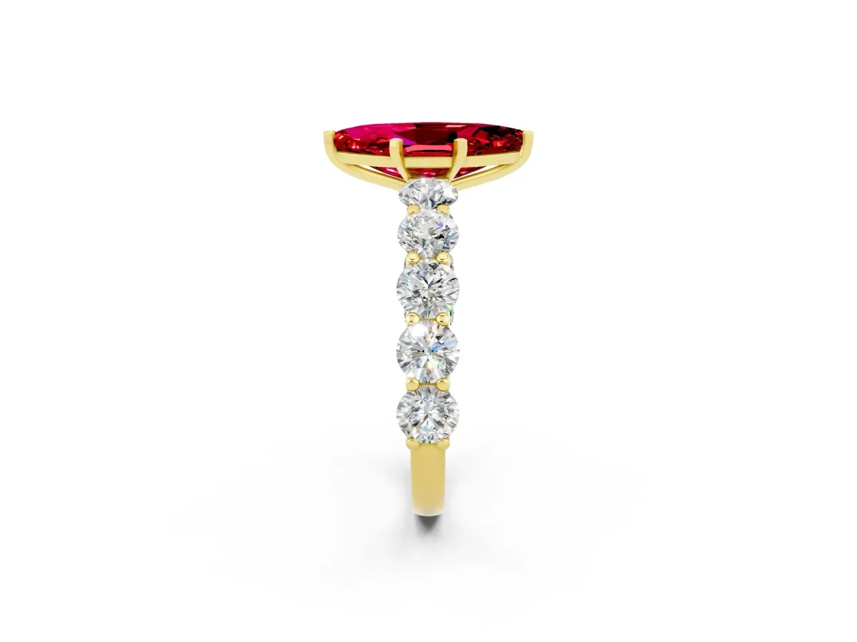 Marquise Cut Ruby Prong Setting with Side Stones on a Pave Band Yellow gold