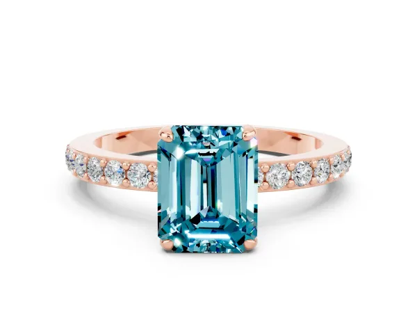 Emerald Cut Blue Topaz Solitaire Engagement Ring with Pavé Band and Four-Prong Setting Rose gold