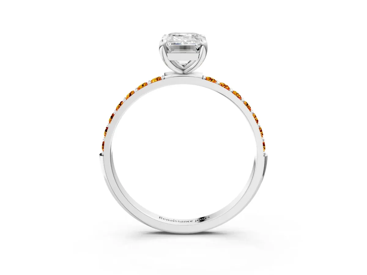 Emerald Cut Diamond Solitaire Ring with Round Citrine Pavé Band and Prong Setting Silver