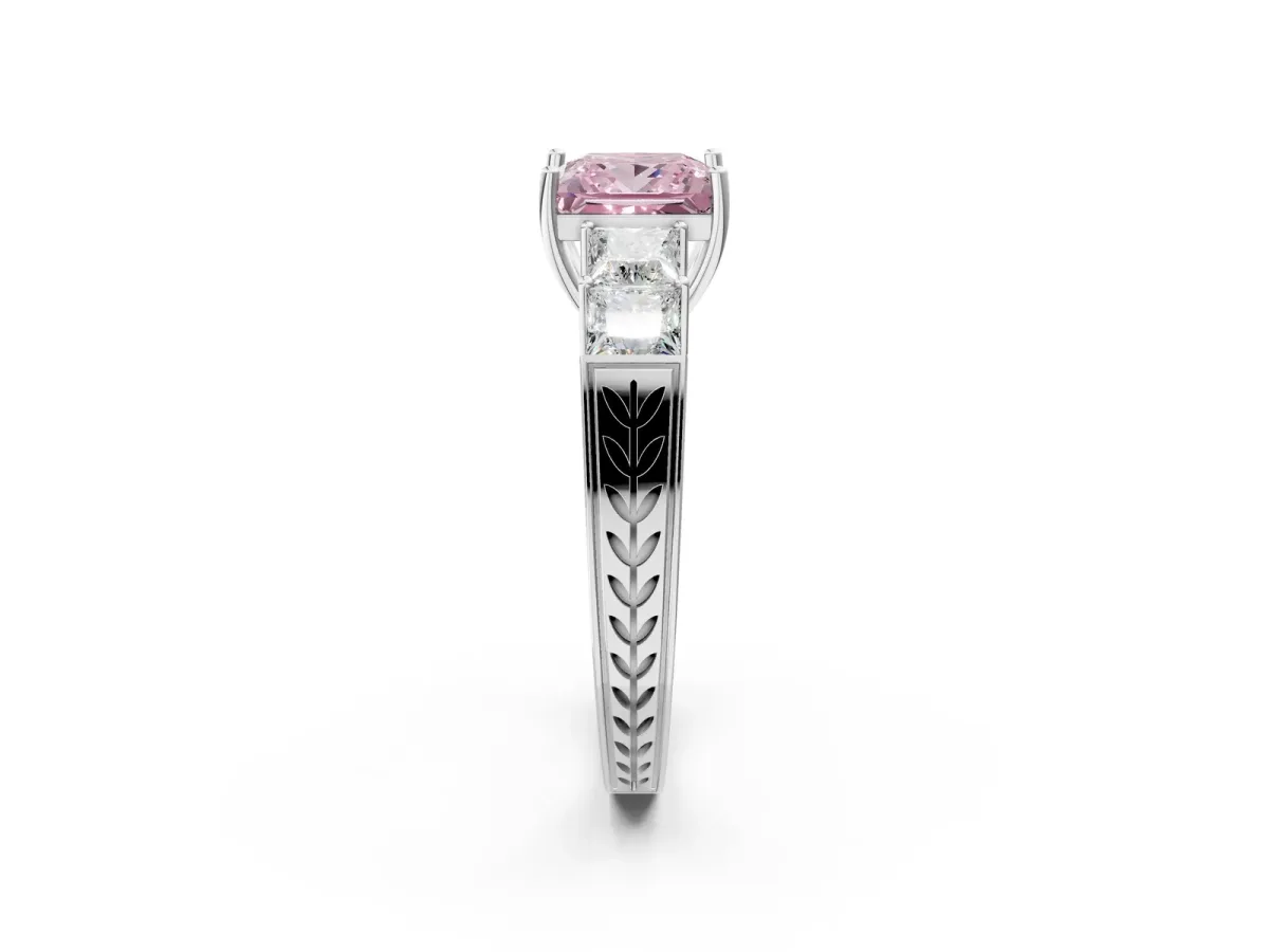 Fancy Pink Princess Cut Solitaire Princess Side Stone Engraved Band Prong Setting Ring Platinum