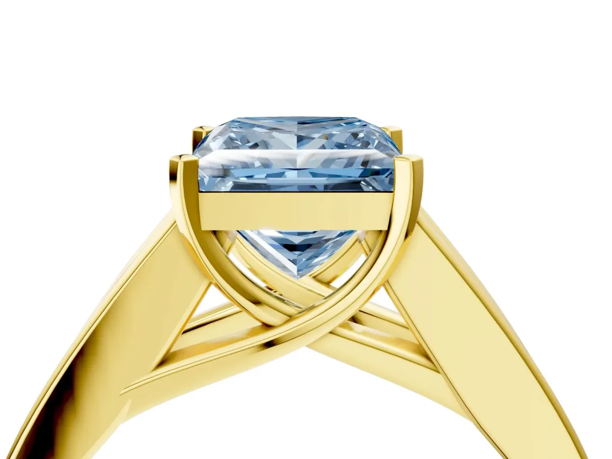 Fancy Blue Princess Cut Cut Channel Set Solitaire Ring with Four-Prong Setting Yellow gold