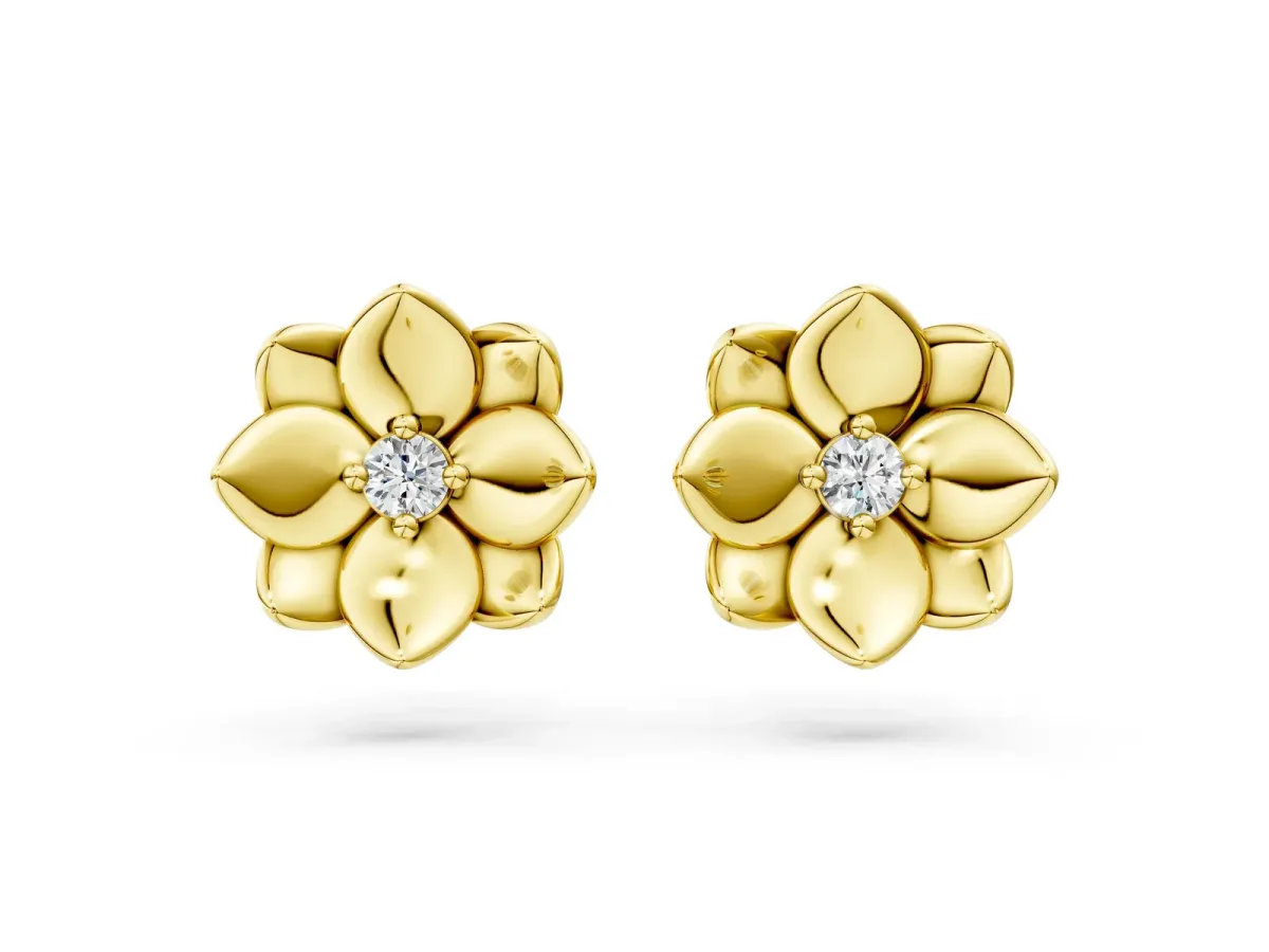 Round Diamond Magnolia Floral Stud Earrings Yellow gold