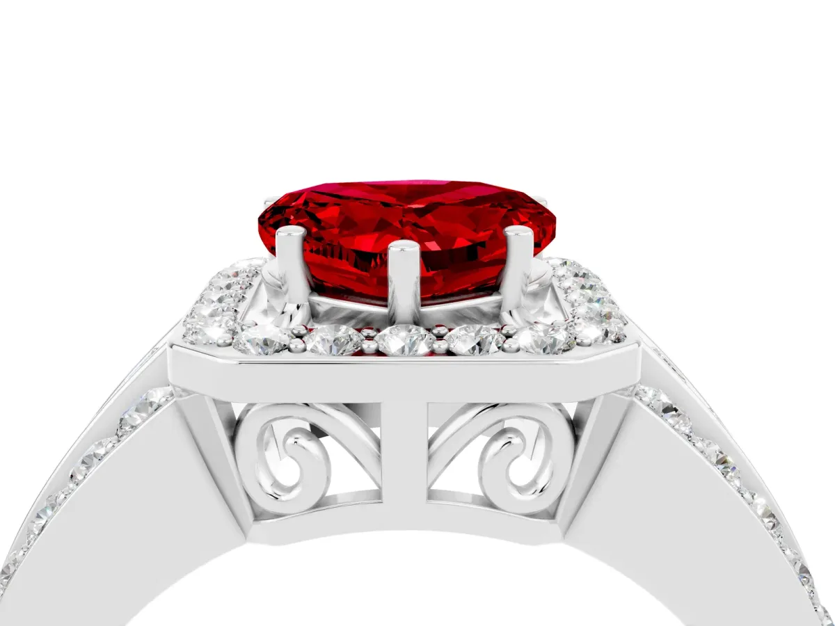 Heart Cut Halo Ruby Ring with Round Split Shank and Prong Setting Silver