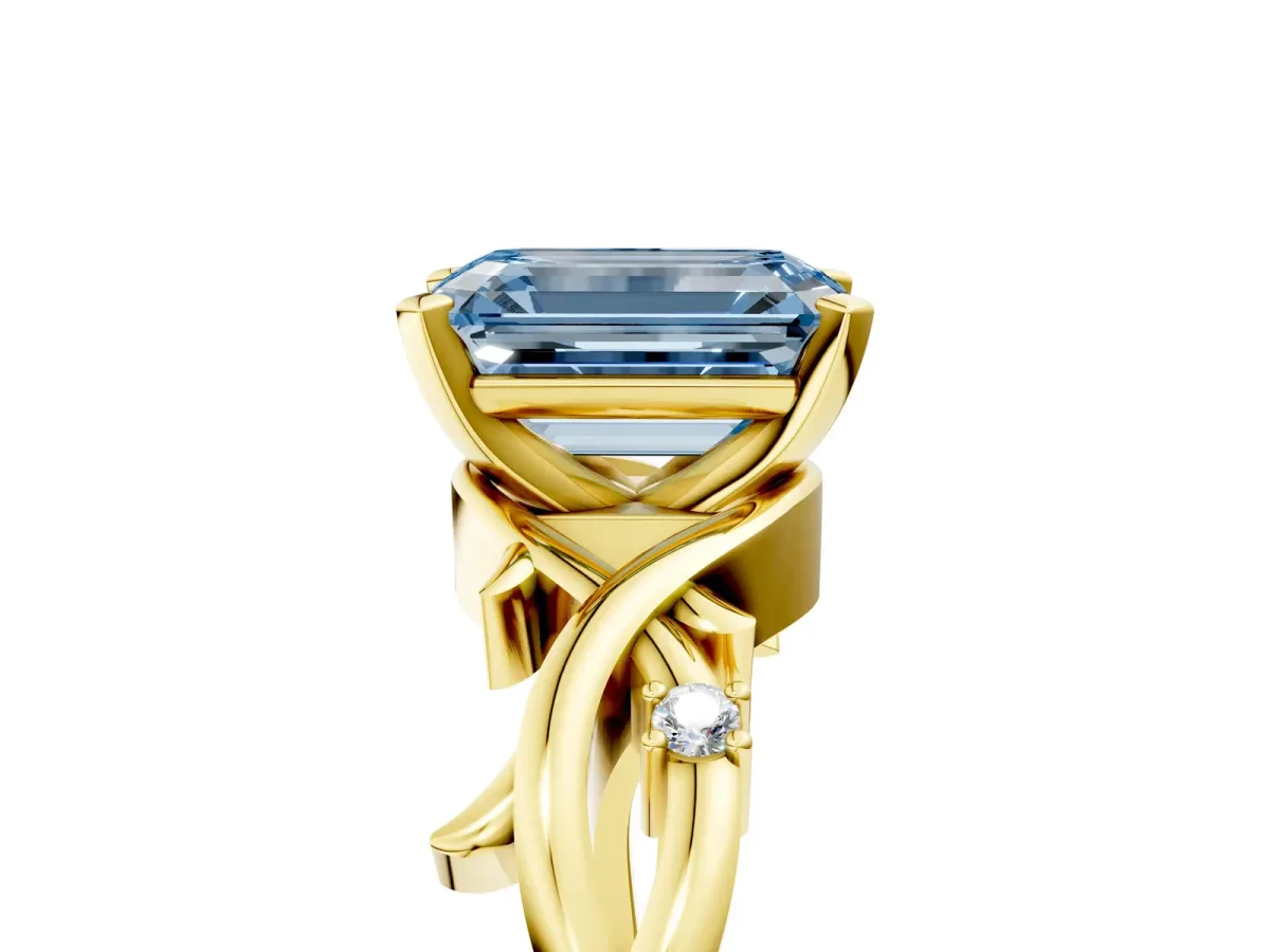 Fancy Blue Emerald Cut Diamond Solitaire Ring with Twisted Band and Prong Setting Yellow gold