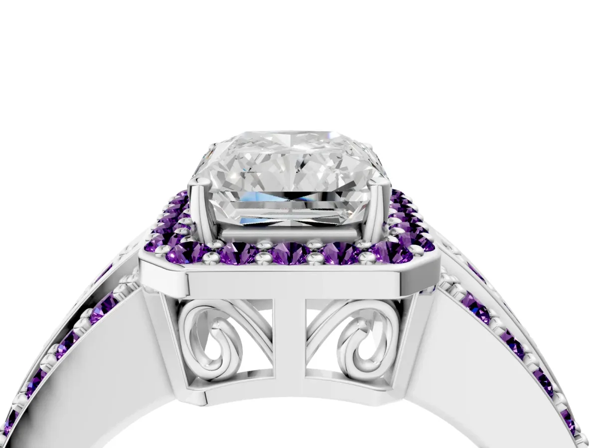 Radiant Cut Halo Diamond Ring with Round Amethyst Split Shank and Prong Setting Silver