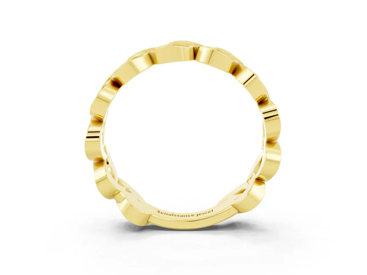 Pavé Round Emerald Interlocking Eternity Band with Bezel Prong Setting Yellow gold