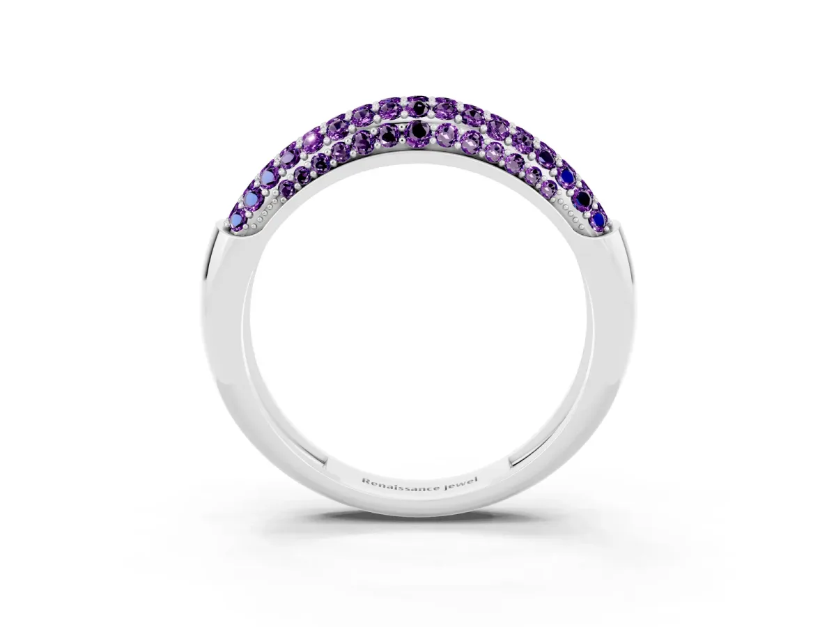 Three-Row Pavé Round Amethyst Dome Band Platinum
