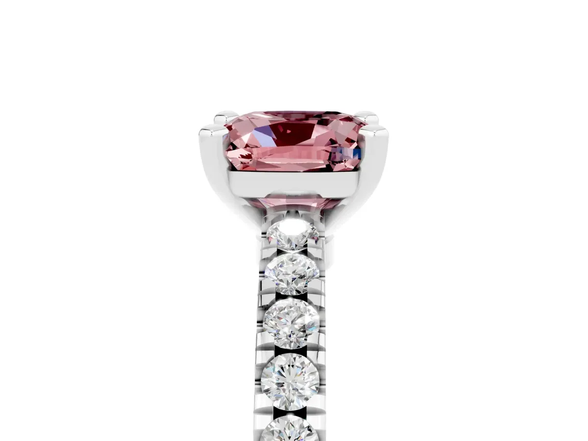 Cushion Cut Solitaire Morganite with Pavé Band and Four-Prong Setting Silver