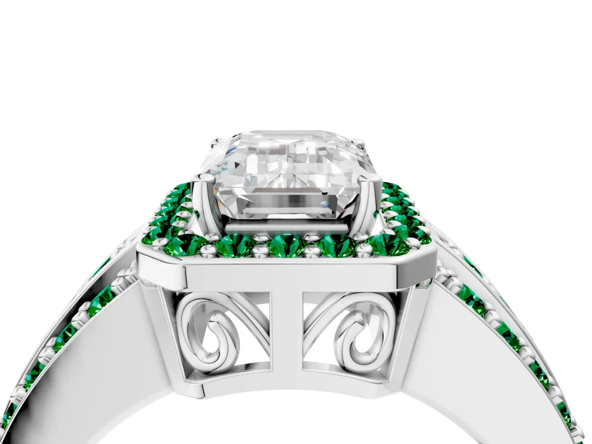 Emerald Cut Halo Diamond Ring with Round Emerald Split Shank and Prong Setting White gold