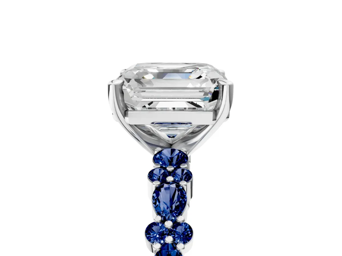 Asscher Cut Diamond Side Stone Solitaire Ring with Round Blue Sapphire and Four-Prong Setting Platinum