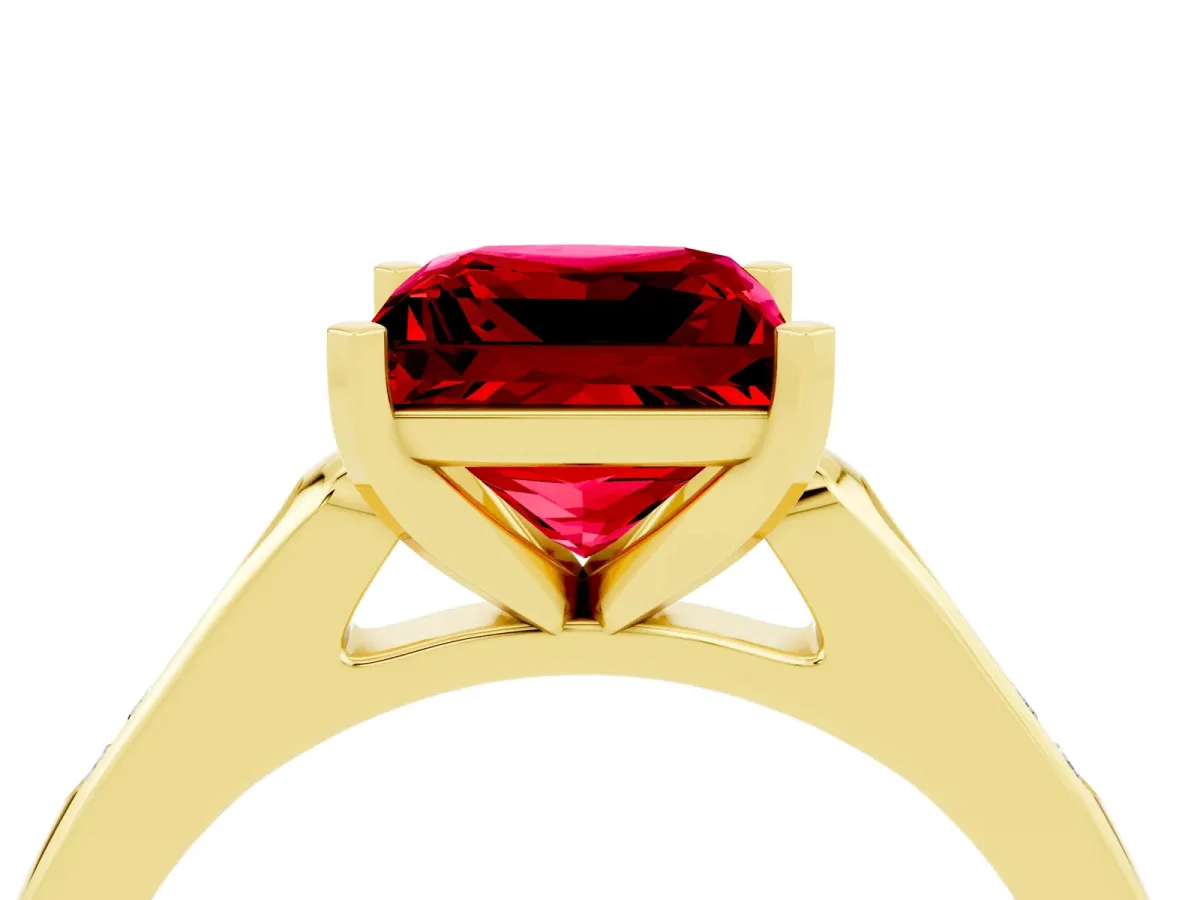 Princess Cut Ruby Solitaire Ring with Channel Set Round Band and Prong Setting Yellow gold