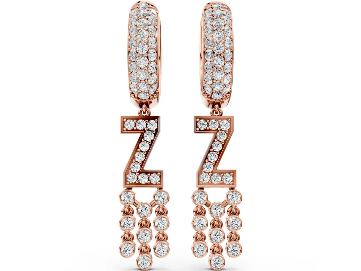 Round Diamond Initial Z Huggie Hoop Earrings Rose gold