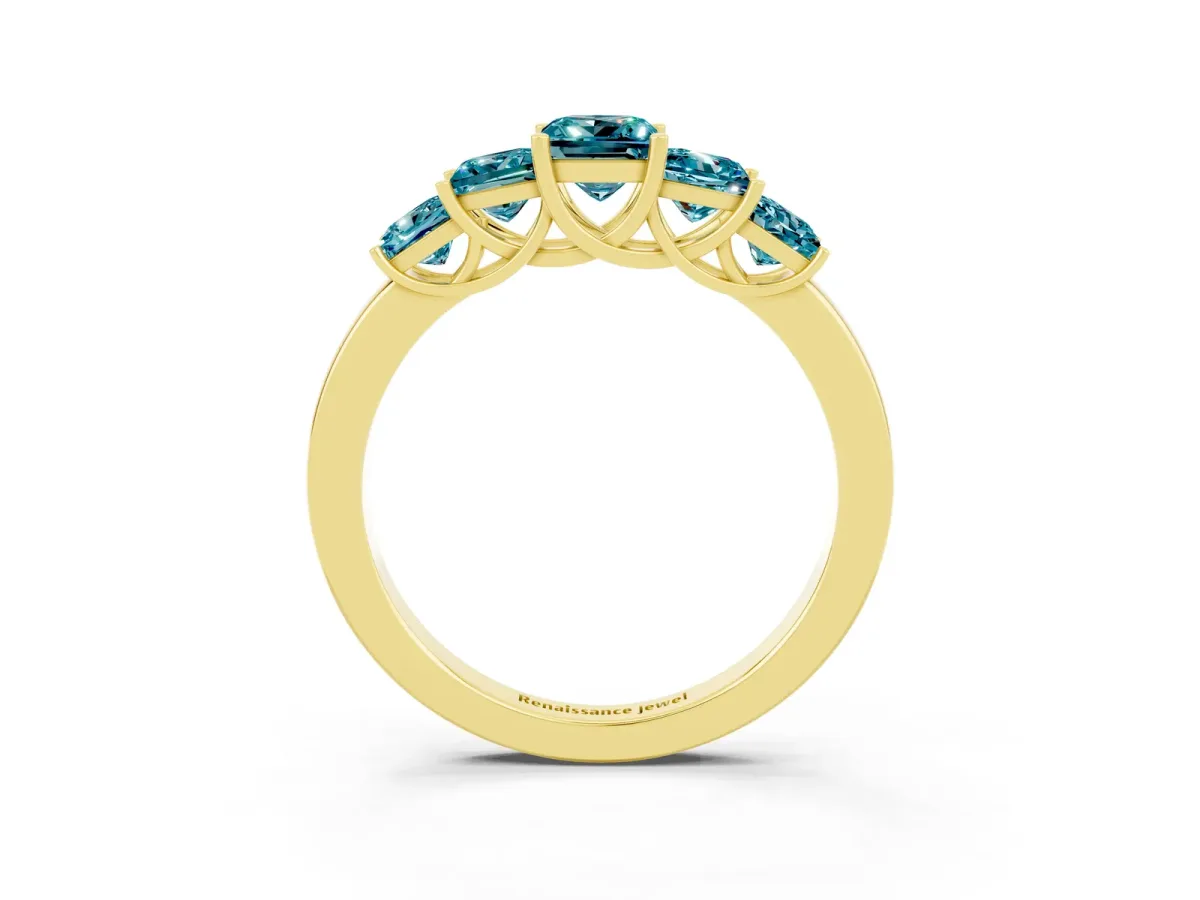 Princess Cut Five-Stone Blue Topaz Ring with Classic Prong Setting Yellow gold